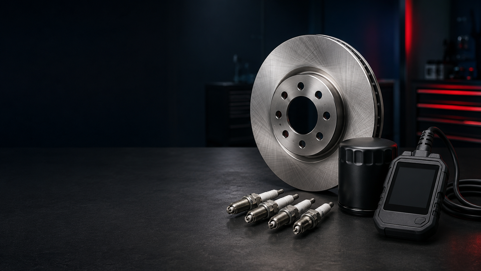 Brake rotor, oil filter, spark plugs, and diagnostic scanner on a professional workshop bench